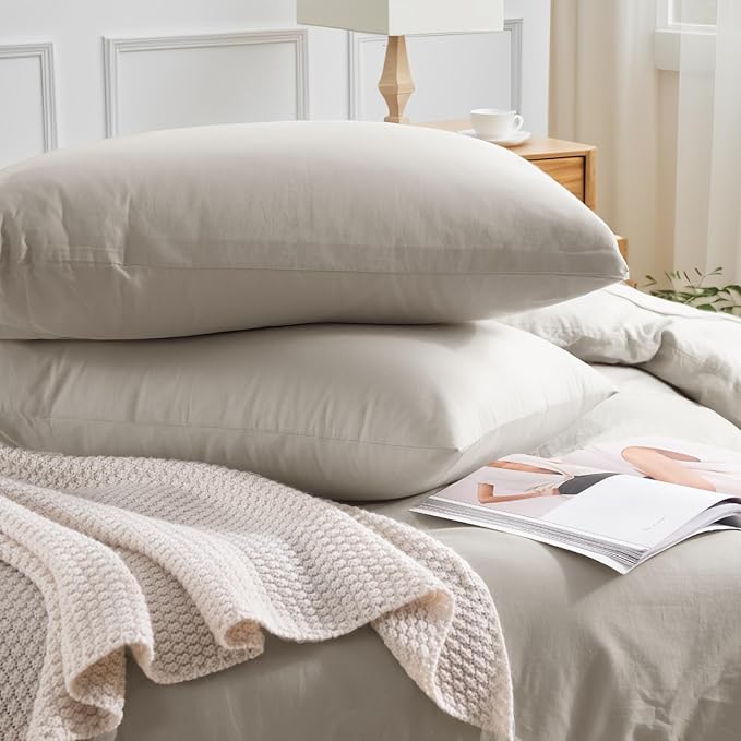 NEXHOME PRO Duvet Cover Queen Size, 100% Washed Cotton Orgnic Linen Like Textured Breathable Durable Comfy, Cream Grey
