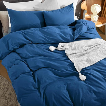 NEXHOME PRO Duvet Cover Set 100% Washed Cotton Oversized Queen 98"x98", Organic Natural Linen Look Textured 3 Pieces Bedding Set Royal Navy Klein Blue with Zipper Closure, Soft (No Comforter)