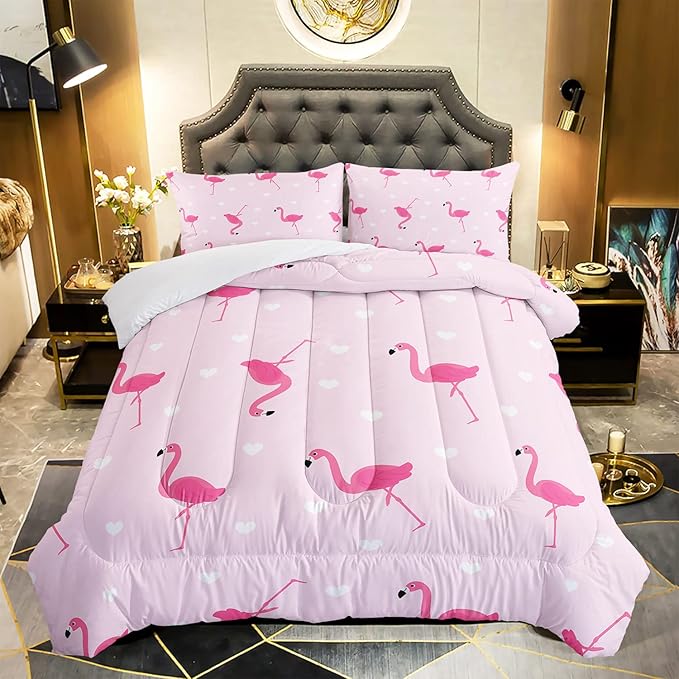 Flamingo Comforter Set Twin Size Tropical Pink Flamingo Love Heart Pattern Bedding Set Kawaii Quilted Duvet for Kids Girls Boys Adult with 1 Comforter and 2 Pillowcases