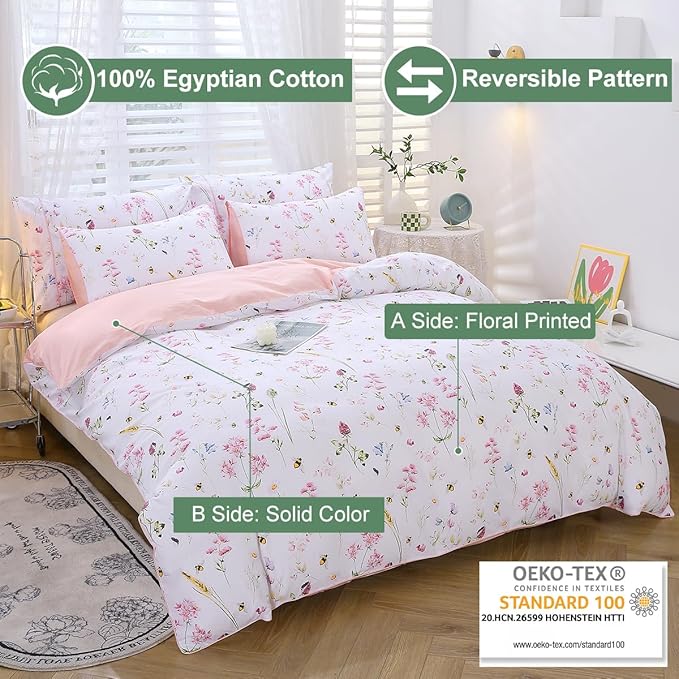 URBONUR Floral Duvet Cover Set King Size Pink 3 Piece Spring Garden Flowers Bee Print Duvet Covers for Girls Women Soft Microfiber Bedding Set