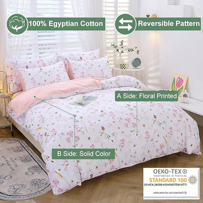 URBONUR Girls Duvet Cover Set Twin Size 3PCS Pink Flowers Cute Animals Bees Printed Bedding Sets for Kids Teen, Soft Wrinkle Fade Resistant Bed Sets for Girls Bedroom Decor