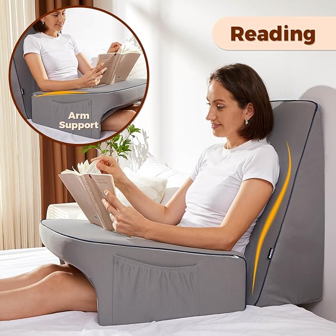 Reading Pillow for Bed, Gaming Pillow for Lap, Petite Adults, Teens Arm Rest Pillow, Memory Foam Lap Desk Pillow for Reading, Working, Playing, Crocheting in Bed Couch(Grey)