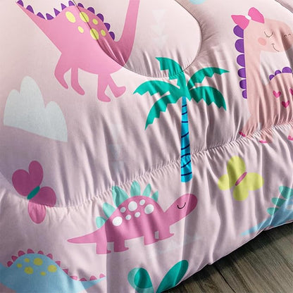 Axolotl Cute Dinosaur Comforter Set Queen,Colorful Dinosaur Girls Bedding Set,Dinosaurs Print Comforter Sets Botanical Palm Trees,Butterfly Bedding Set for Kids Girls Teens,1 Quilt 2 Pillowcases,Pink