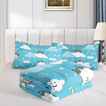 QOOMO Cat Comforter Twin Size, Blue Cloud Cats Comforter Set for Kids Teens Girls Boys, 3Pcs Bedding Set Printed Comforter with 2 Pillowcases, Down Alternative, Soft and Lightweight