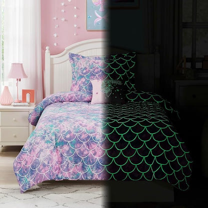 Twin Comforter Set for Girls-3 Pieces Mermaid Glow in The Dark Twin Bedding Sets for Kids,1 Comforter,1 Sham and 1 Decor Pillow