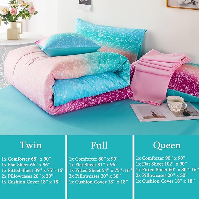 URBONUR 6Pcs Queen Comforter Set for Girls Multicolor Gradient Glitter Tie Dye Pink Blue Bedding Set with Sheets, Soft Fluffy All Season Kids Teen Bed in A Bag