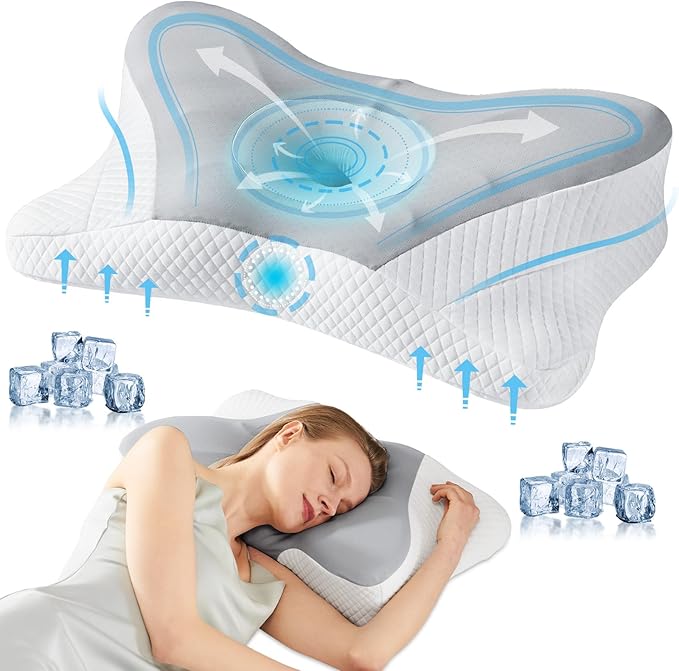 Smug Cervical Neck Pillow, Cooling Ergonomic Memory Foam Pillows for Neck Pain Relief with Breathable Pillowcase, Dual Height Orthopedic Support Contour Pillow for Side, Back, Stomach Sleepers, Grey