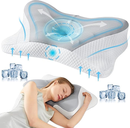 Smug Cervical Neck Pillow, Cooling Ergonomic Memory Foam Pillows for Neck Pain Relief with Breathable Pillowcase, Dual Height Orthopedic Support Contour Pillow for Side, Back, Stomach Sleepers, Grey
