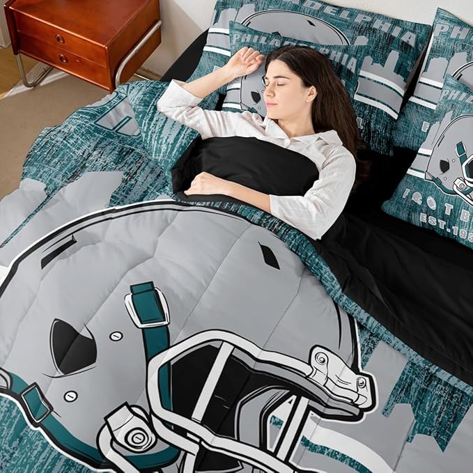 Erosebridal 7Pcs Boys Classic Football Seasonal Bedding Set Sports City Rugby Decor Bed in A Bag, Football Game Theme Comforter Sets with Sheets Grey and Turquoise Sports Helmet Bed Set King Size