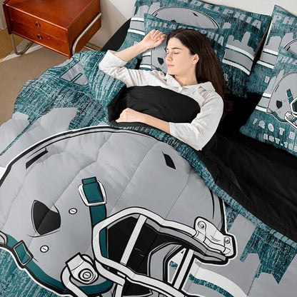 Erosebridal 7Pcs Boys Classic Football Seasonal Bedding Set Sports City Rugby Decor Bed in A Bag, Football Game Theme Comforter Sets with Sheets Grey and Turquoise Sports Helmet Bed Set King Size