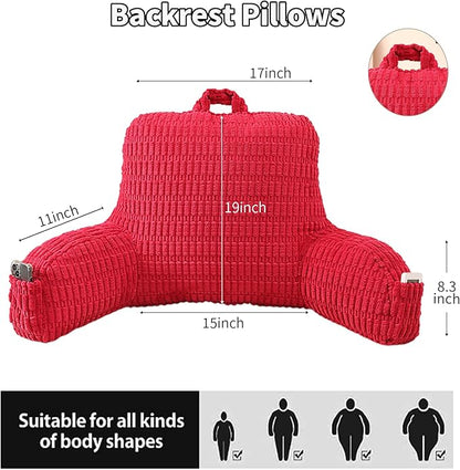Reading Pillow for Sitting in Bed, Large Backrest Reading Pillow with Arm Rest,Back-Rest Support Cushion for Sit Up on Couch, Sofa, and Floor, Dorm Essentials (Red Corduroy, Large(19"))