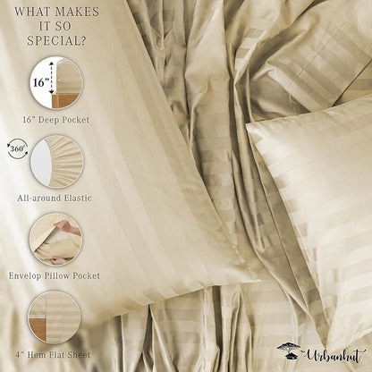 URBANHUT 1000 Thread Count Pure Cotton California King Striped Sheets Set (4 Pc) - Ultra Soft & Smooth, Thick & Crisp Sateen Weave Calking Striped Bedsheets with 16" Deep Pockets - Sand.