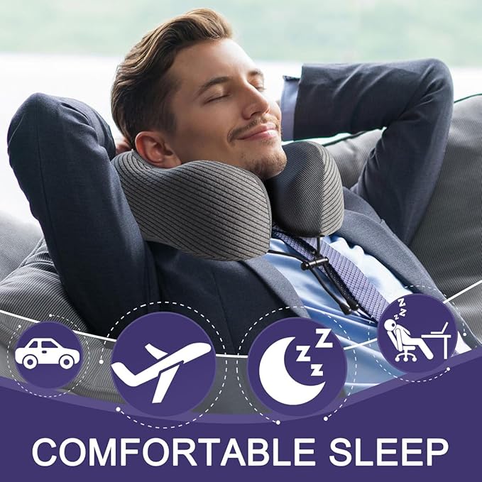 napfun Neck Pillow for Traveling, Upgraded Travel Neck Pillow for Airplane 100% Pure Memory Foam Travel Pillow for Flight Headrest Sleep, Portable Plane Accessories, Luxury Sets (Optional), Dark Grey