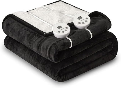 Heat Blanket 84”x90” Queen Size-Dual Control，Soft Flannel & Sherpa Reversible Electric Blanket with 10 Heat Settings,12 Timer Setting and 8 Hours Auto-Off,ETL Certified Machine Washable,Black
