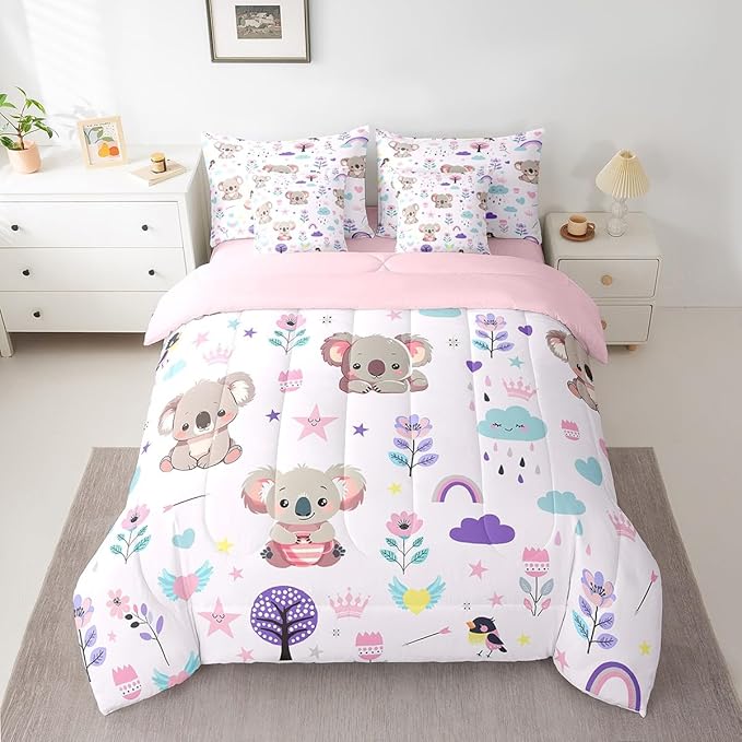Erosebridal Floral Koala Bedding 7PCS Queen Comforter Sets for Boys Cartoon Animal Bedding Sets Cute Flower Bed in a Bag,1 Comforter,1 Flat Sheet,1 Fitted Sheet,2 Pillowcases,2 Throw Pillow Covers