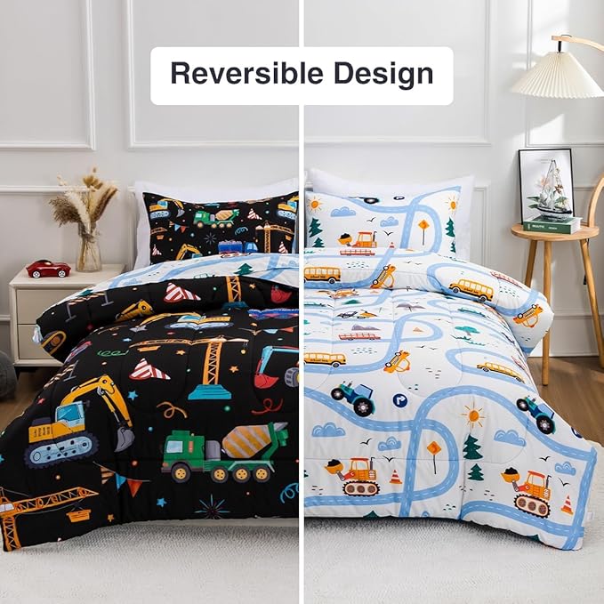 Holawakaka Trucks Tractors Cars Boy Bedding Comforter Set with Sheets, Full Size Cartoon Construction Car Excavator Print Kids Bed in A Bag 5-Piece, Boys Reversible Dorm Bed Sets (Black Full)