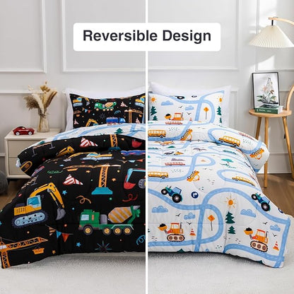 Holawakaka Trucks Tractors Cars Boy Bedding Comforter Set with Sheets, Full Size Cartoon Construction Car Excavator Print Kids Bed in A Bag 5-Piece, Boys Reversible Dorm Bed Sets (Black Full)