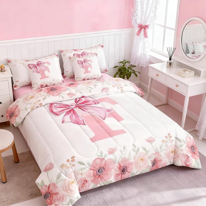 Erosebridal Dreamy Princess Bowknot Bed in A Bag, Monogrammed F Bow Bedding Sets Romance Flower Floral Comforter Set with Sheets Queen Size for Girls Kids Spring Fresh Style Bed Set Bedroom Decor