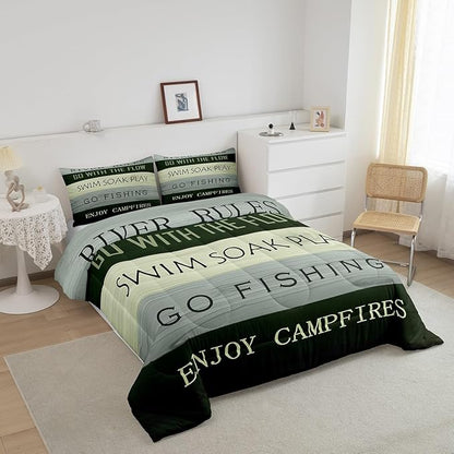 Castle Fairy River Theme Comforter Set,Rustic Farmhouse Bedding Set for Kids Girls Women,Adults Green Wood Panels Comforter,Go Fishing Quilted Duvet Set Bedroom Collection Twin Size 2Pcs