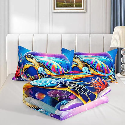 Sea Turtle Comforter Set King Size,Colorful Underwater World Toddler Bed Comforter Set,Coastal Bedding for Kids Boys Girls Room Decor,Sea Life Themed Comforter Sets 2 Pillowcases.