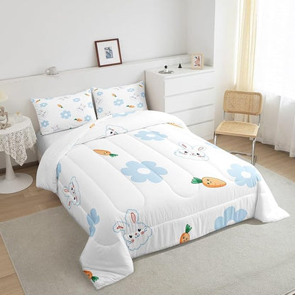 Cartoon Rabbit Kids Comforter Set Twin Size 2 Pcs Blue 70s Groovy Hippie Daisy Bedding Set for Kids Boys Girls Teens Orange Carrot Cute Wild Animals Microfiber Duvet Set with 1 Pillowcase