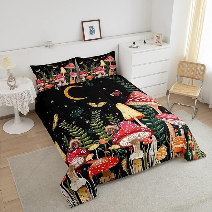 Feelyou Kids Mushroom Bedding Set Natural Wild Fungus Comforter Set for Kids Boys Girls Botanical Plants Duvet Set Butterfly Comforter 1 Comforter Set with 1 Pillowcase Twin Size
