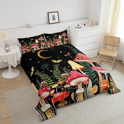 Feelyou Kids Mushroom Bedding Set Natural Wild Fungus Comforter Set for Kids Boys Girls Botanical Plants Duvet Set Butterfly Comforter 1 Comforter Set with 1 Pillowcase Toddler Size