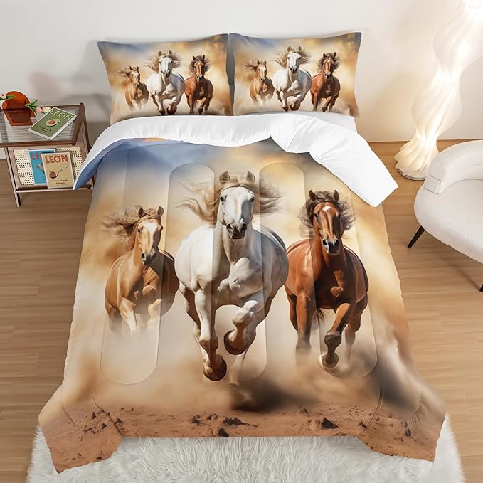 Pentium Horse Print Bedding Comforter Set Queen Size for Teens,Farm Animal Pattern Bedding Set for Boys Girls Room Horse Decor,Desert Theme Bedding Set with 2 Pillowcases.