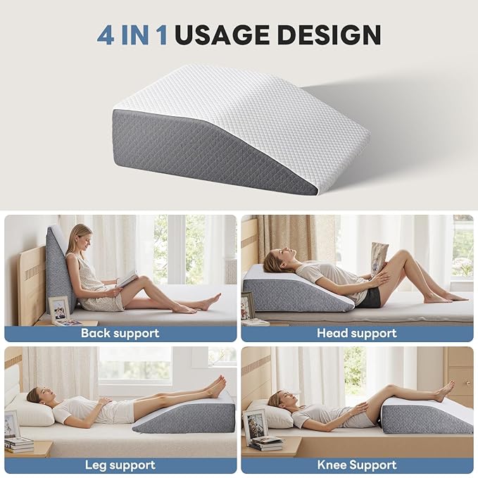 Wedge Pillow for Back Pain Relief, Acid Reflux Pillow, Memory Foam Sleep Apnea Pillows for Sleeping Versatile Triangle Pillow Wedge for Bedroom Living Room, 7Inch, White and Grey