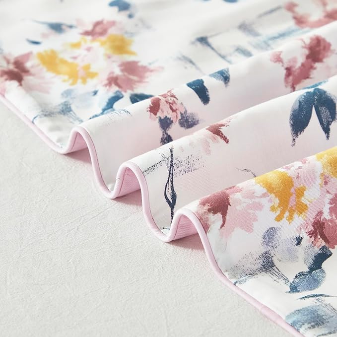 URBONUR Garden Floral Duvet Cover Set 100% Egyptian Cotton Silky Sateen Smooth Breathable Durable Soft Bedding Sets Purple Yellow Flowers Printed on White (3Pcs Queen, 90''x90'')