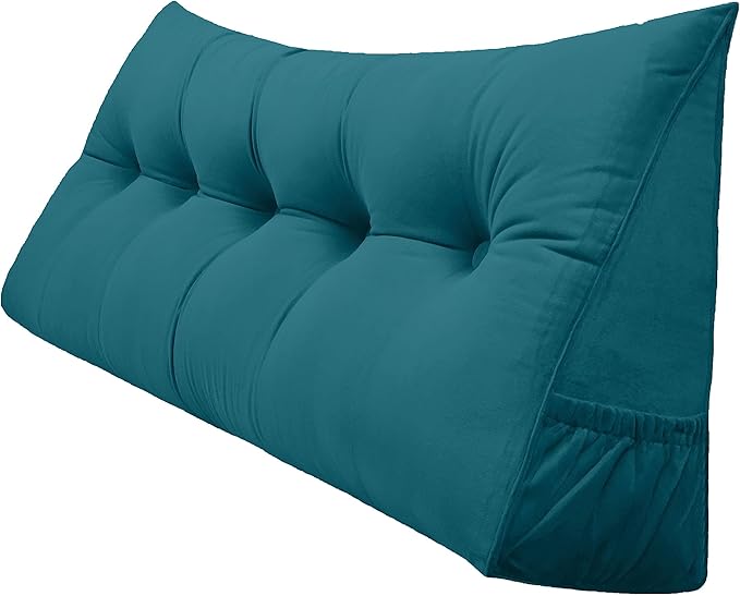Triangular Reading Bed Rest Pillow Large Bolster Cushion Headboard Backrest Wedge Pillow with Removable Cover and Two Large Side Pockets (Teal, California King: 71 x 8 x 20 inches)