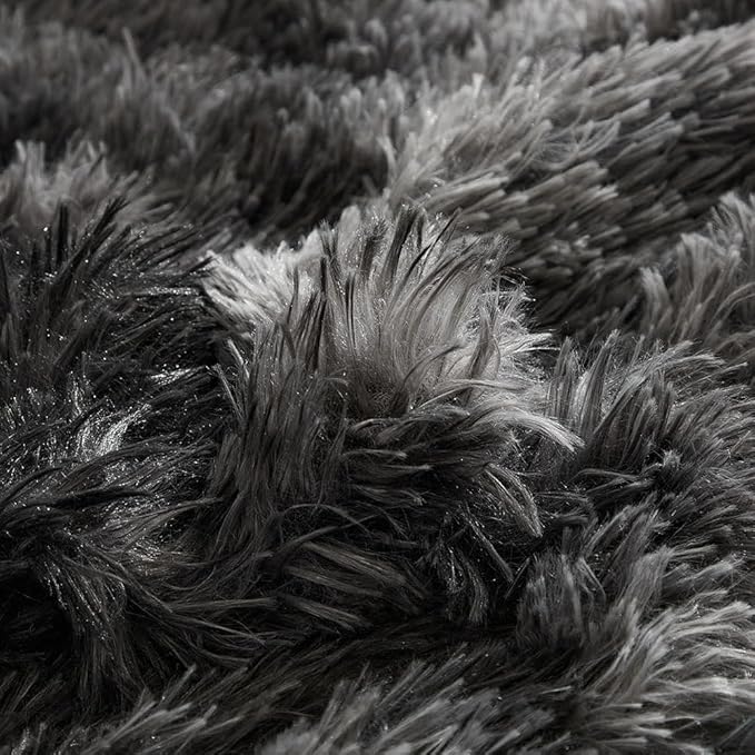 Wajade Faux Fur Plush Tie Dye Dark Grey White Comforter Set Fluffy Fuzzy Shaggy Bedding Set - 3PC King Size Microfiber Soft Warm Quilt Set