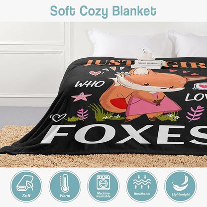 Fox Lover Blanket, Just A Girl Who Loves Foxes Blanket, Soft Warm Cozy Fleece Throw, Gifts for Girls Women Kids, 50"x60", Black