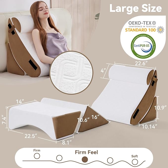 Newgoo Wedge Pillow Set for After Surgery, 5PCS XL Bed Wedge Pillow for Sleeping, Memory Foam Orthopedic Back Pillow for Pain Relief and Acid Reflux, Adjustable Post Surgery Pillow Grey Brown