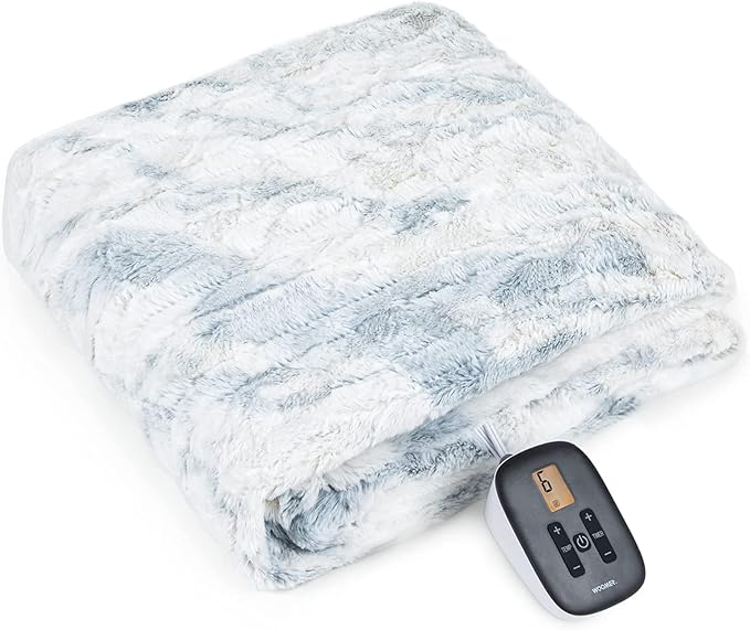 WOOMER Heated Blanket Twin Size 62" x 84", Electric Blanket with 0.5-12 Hours Timer & 10 Heating Levels, ETL Certified, Marble Blue Double-Sided Faux Fur, Over-Heat Protect, Machine Washable