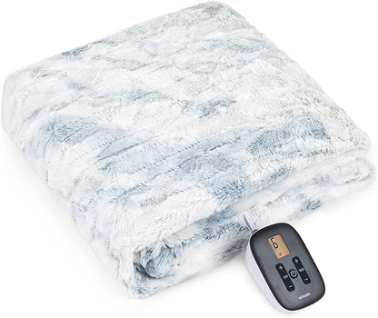 WOOMER Heated Blanket Twin Size 62" x 84", Electric Blanket with 0.5-12 Hours Timer & 10 Heating Levels, ETL Certified, Marble Blue Double-Sided Faux Fur, Over-Heat Protect, Machine Washable