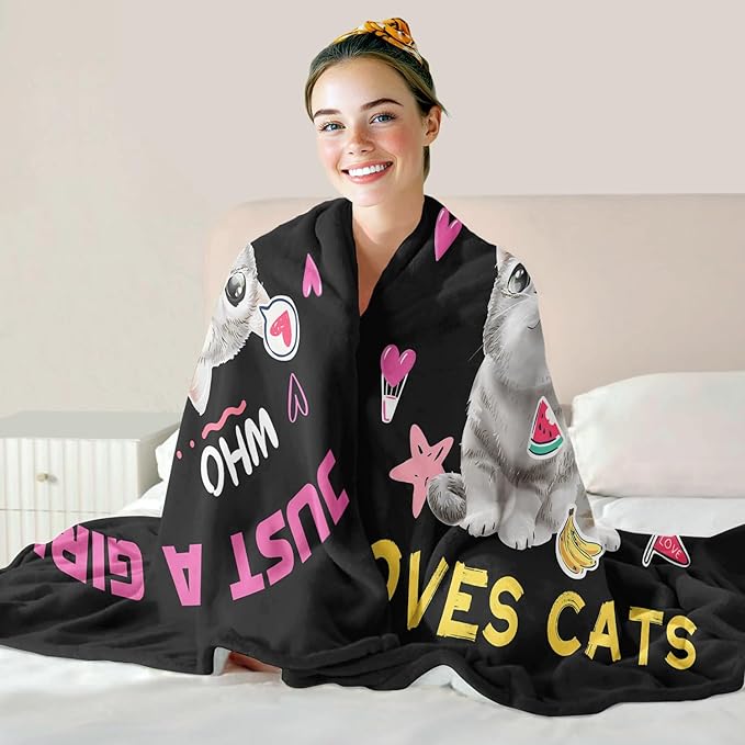 Kitten Lover Blanket, Just A Girl Who Loves Cats Blanket, Soft Warm Cozy Fleece Throw, Gifts for Girls Women Kids, 50"x60", Black