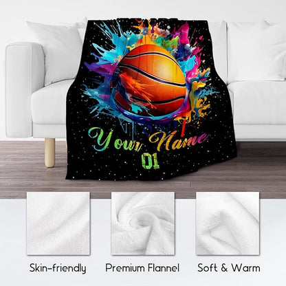 Personalized Basketball Blanket for Girls, Custom Basketball Gifts for Boys Adults Sport Lovers, Kids Throw Blankets for Team Player Couch Sofa Home Decor (Colorful, 30x40 Inch)