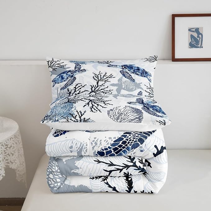 Sea Turtle Bedding Set King Size,Coral Comforter Set 3pcs for Kids Boys Girls Adults Room Decor,Ocean Creature Quilt Set White Navy Blue Microfiber Duvet Insert with 2 Pillowcases