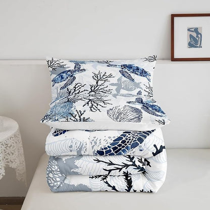 Sea Turtle Bedding Set King Size,Coral Comforter Set 3pcs for Kids Boys Girls Adults Room Decor,Ocean Creature Quilt Set White Navy Blue Microfiber Duvet Insert with 2 Pillowcases