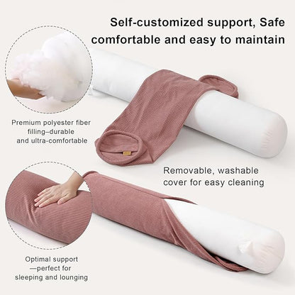 Long Round Body Pillow for Adults – Corduroy Cervical Roll Bolster Pillow, Firm Support for Spine Alignment & Side Sleeping,59 x 7.87 Inches,Brick Brown