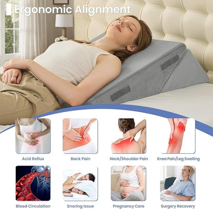 Sasttie Wedge Pillow for After Surgery, Adjustable Bed Wedge Pillow Headboard for Acid Reflux, Sleeping, Neck & Back Support, with Removable Cover, Light Grey & Velvet
