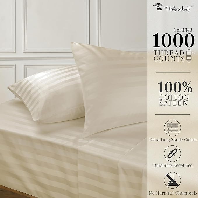URBANHUT 1000 Thread Count Egyptian Cotton Damask Striped Full Sheets, Long Staple Soft & Breathable, 4 Pc Bed Sheet Sets, Luxury Hotel Sateen Sheets Fits 16" Deep Pocket - Ivory