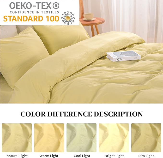 NEXHOME PRO Duvet Cover Set 100% Washed Cotton Oversized Queen 92"x98", Organic Natural Linen Look Textured 3 Pieces Bedding Set Cream Yellow with Zipper Closure, Breathable Soft