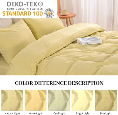 NEXHOME PRO Duvet Cover Set 100% Washed Cotton Oversized Queen 92"x98", Organic Natural Linen Look Textured 3 Pieces Bedding Set Cream Yellow with Zipper Closure, Breathable Soft