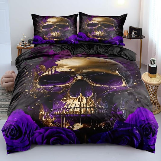 Golden Skull and Purple Roses Twin Size Duvet Cover Set Flowers Comforter-Cover and Pillowcases Black Background Gothic and Florals Print Bedding Set Bedroom Decor