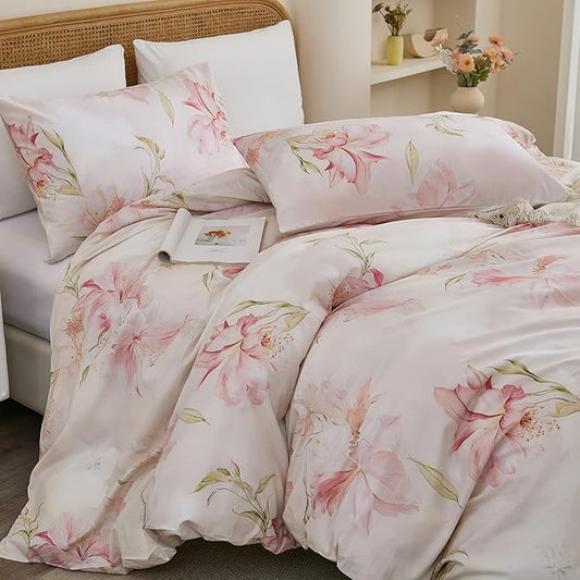 100% Cotton Duvet Cover Queen Size – Elegant Blush Lily Pink Floral Duvet Cover Set with Zipper Closure, 3-Piece Soft Breathable Natural Cotton Bedding Set for All Seasons