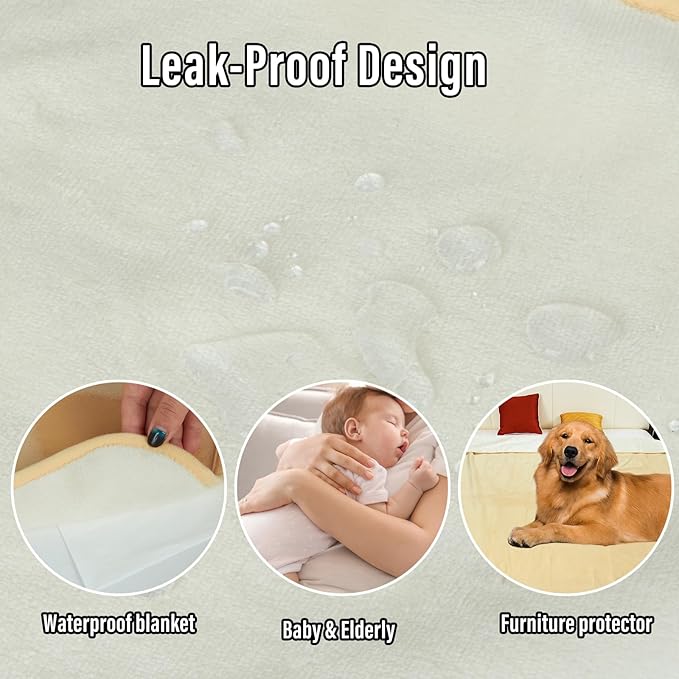Waterproof Blanket for Bed, 80"x90" Leak-Proof Design, Reversible & Washable King Size Waterproof Blanket, Large Water Resistant Blankets, Reusable (Warm Yellow/Warm White)