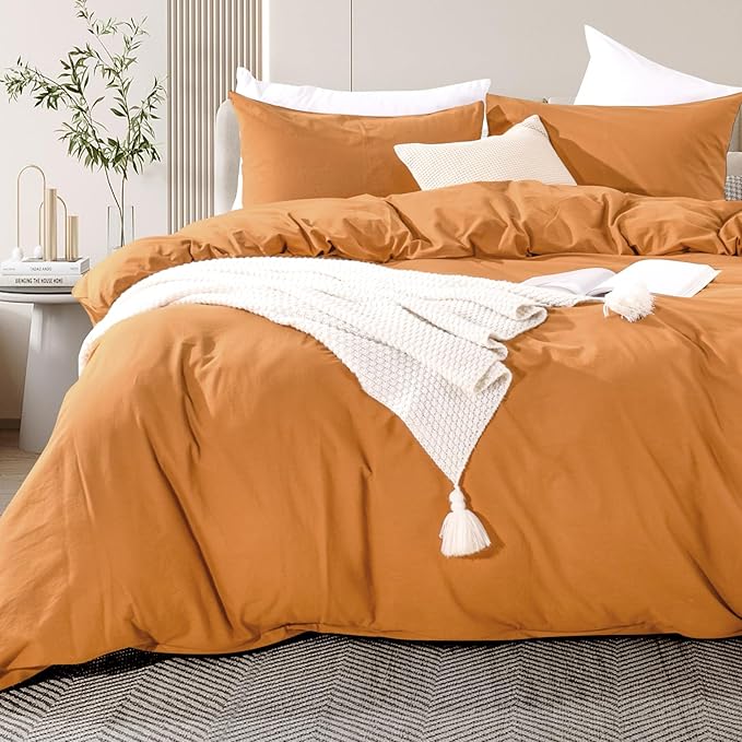 NEXHOME PRO Duvet Cover Set Oversized Queen 98"x98" Linen Look Textured Organic Natural 100% Washed Cotton Duvet Cover 3 Pieces Bedding Set Zipper Closure, Breathable, Halloween Orange(No Comforter)