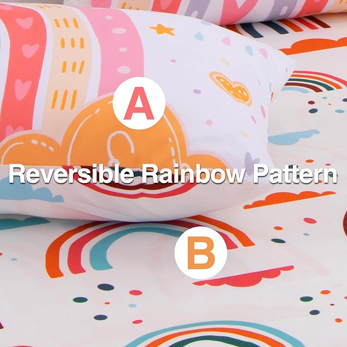A Nice Night Lightweight Soft Cartoon Rainbow 6Pcs Queen Comforter Sets, Love Hearts Printed Bedding Set for Boys Girls(White,Queen)